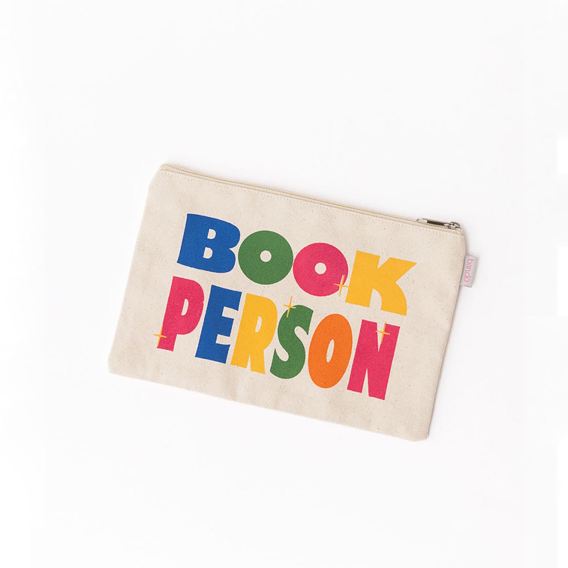 Pouch with 'Book Person' text in colorful letters on a white background