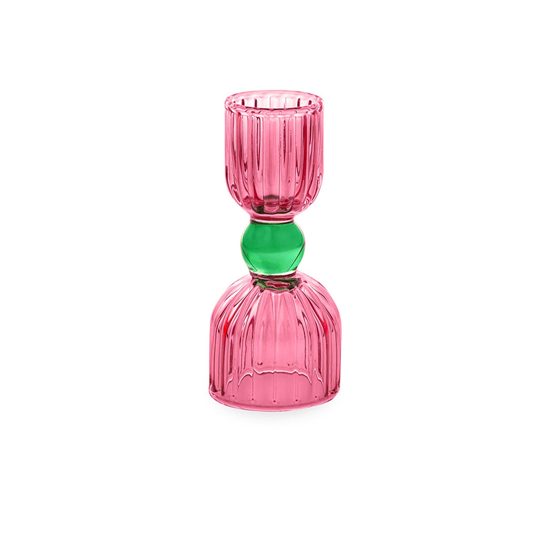 Pink shot glass with green circle center on a white background