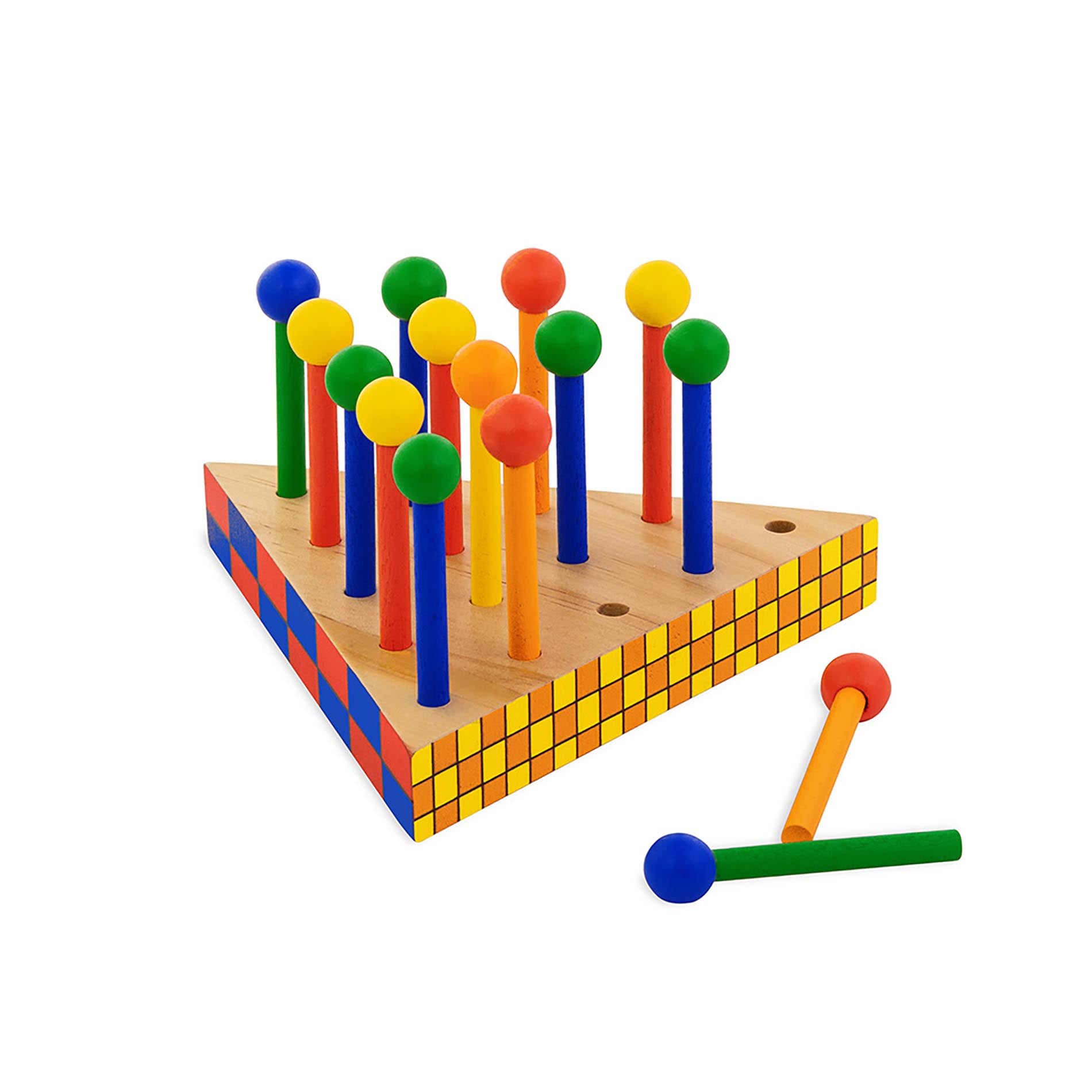 Colorful wooden pegboard toy on a white background