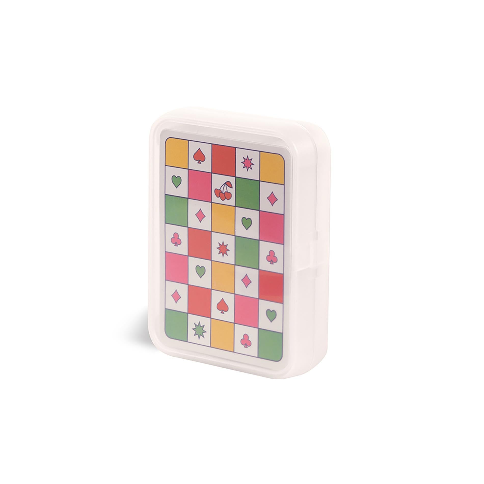 Small deck of playing cards with colorful suits on a white background
