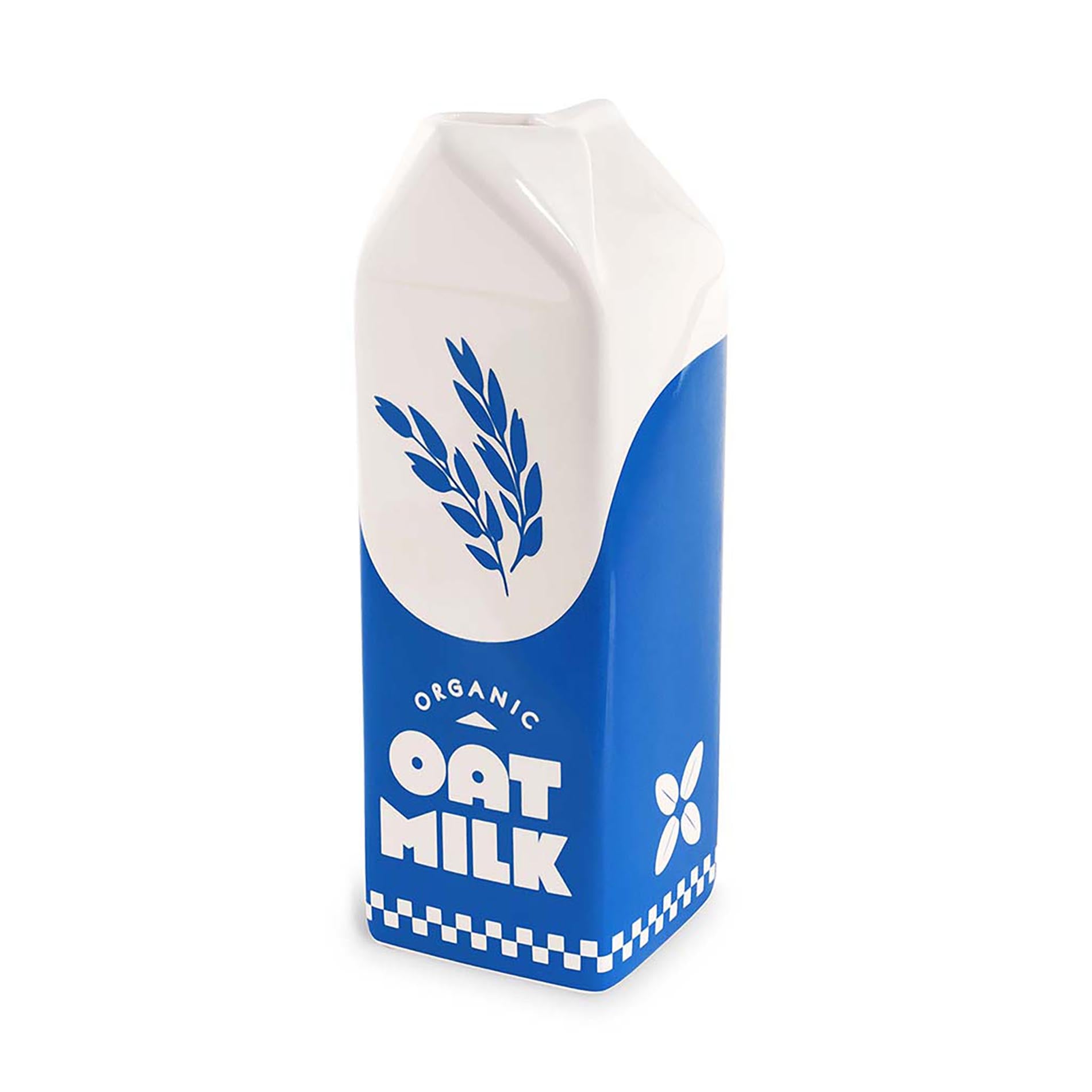 Carton of organic oat milk vase with blue and white design on a white background