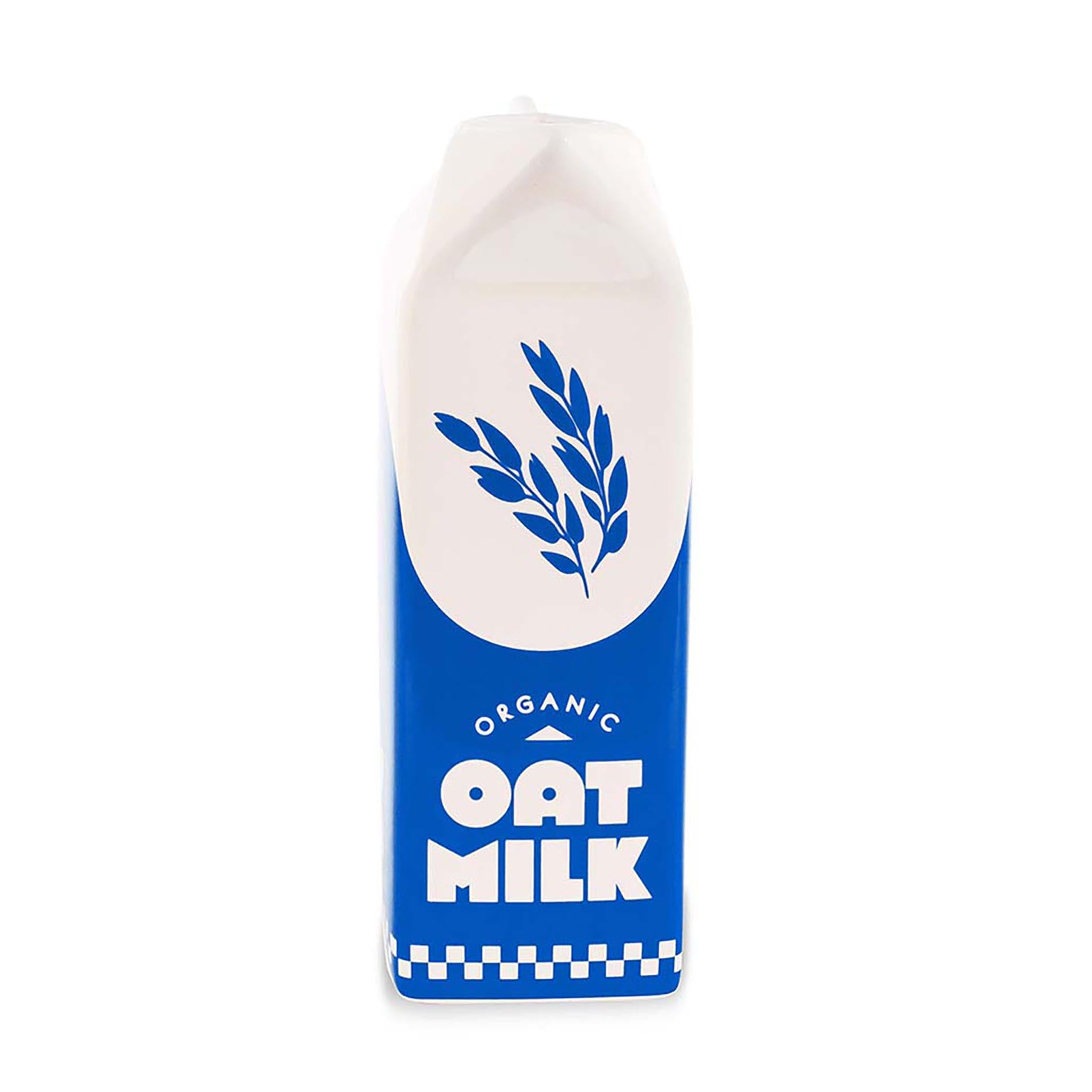 Carton of organic oat milk vase with blue and white design on a white background