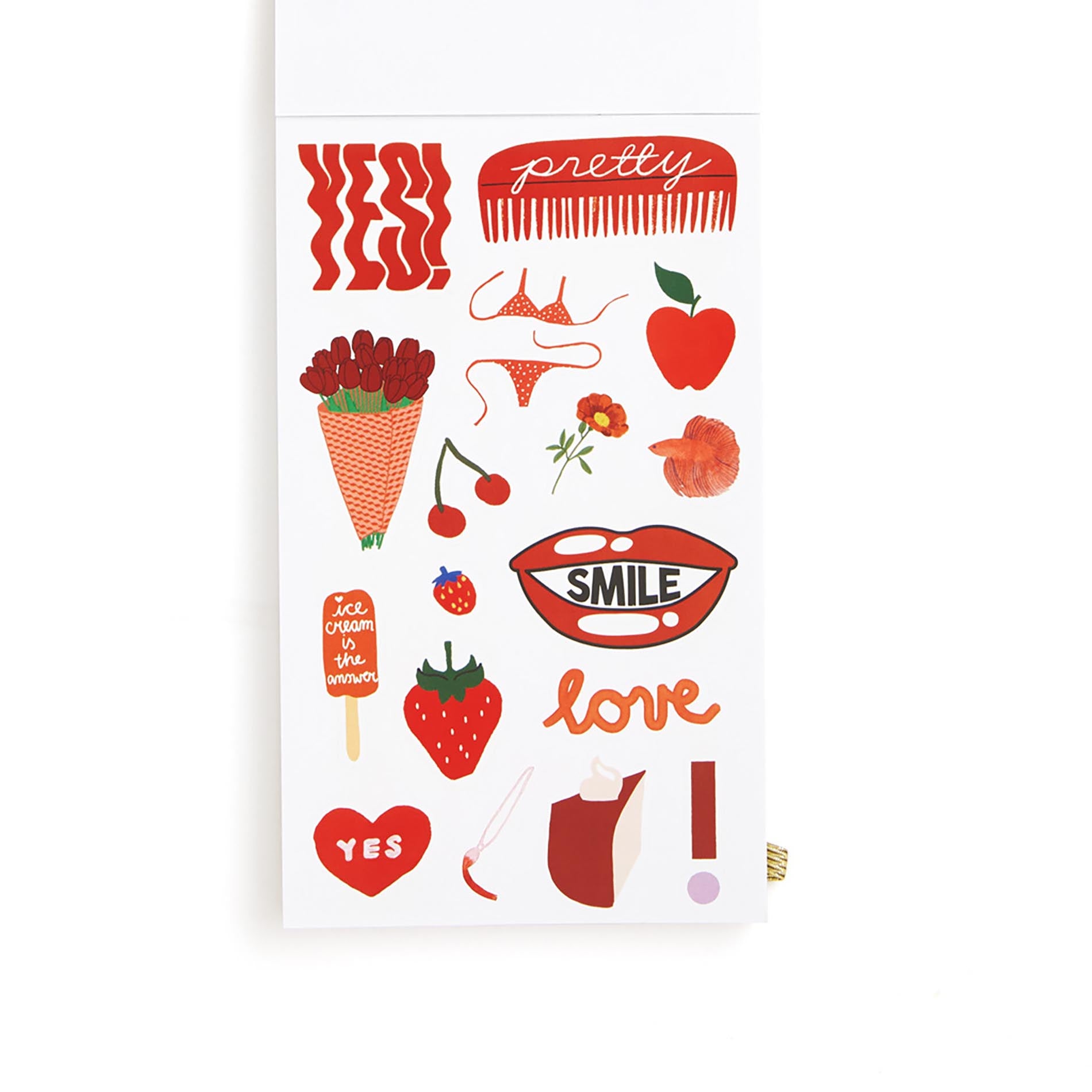 Sheet of stickers with various illustrations including a comb, apples, lips, and ice cream cones on a white background.