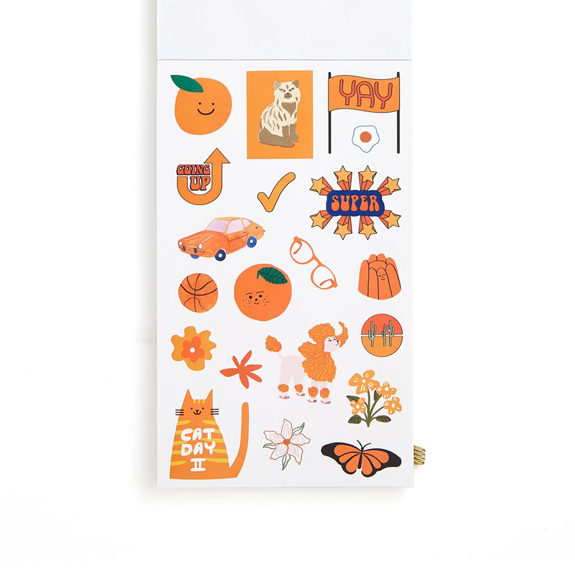 Sheet of orange-themed stickers on a white background