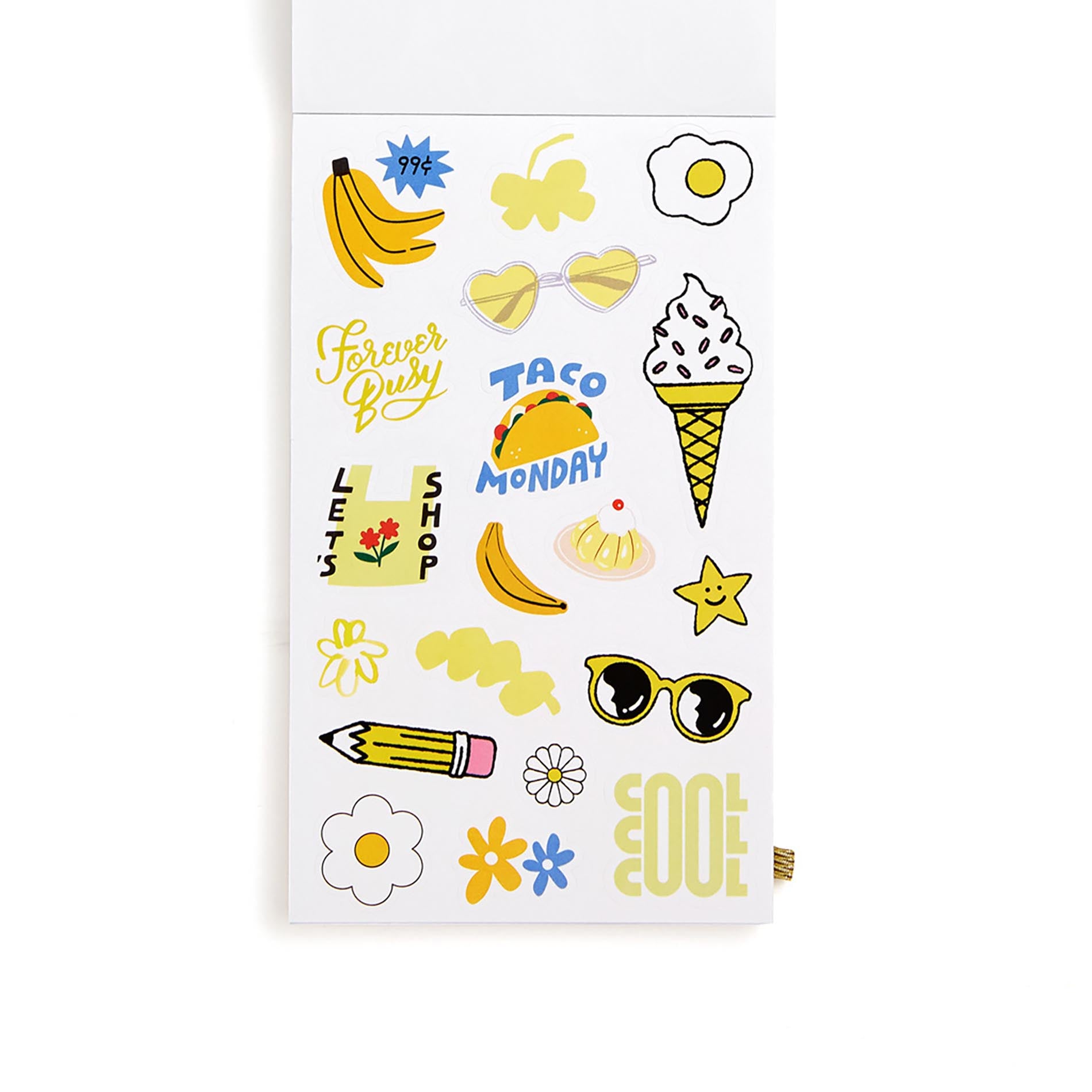 Sheet of colorful stickers with various designs on a white background