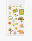 Sheet of colorful stickers with various designs on a white background