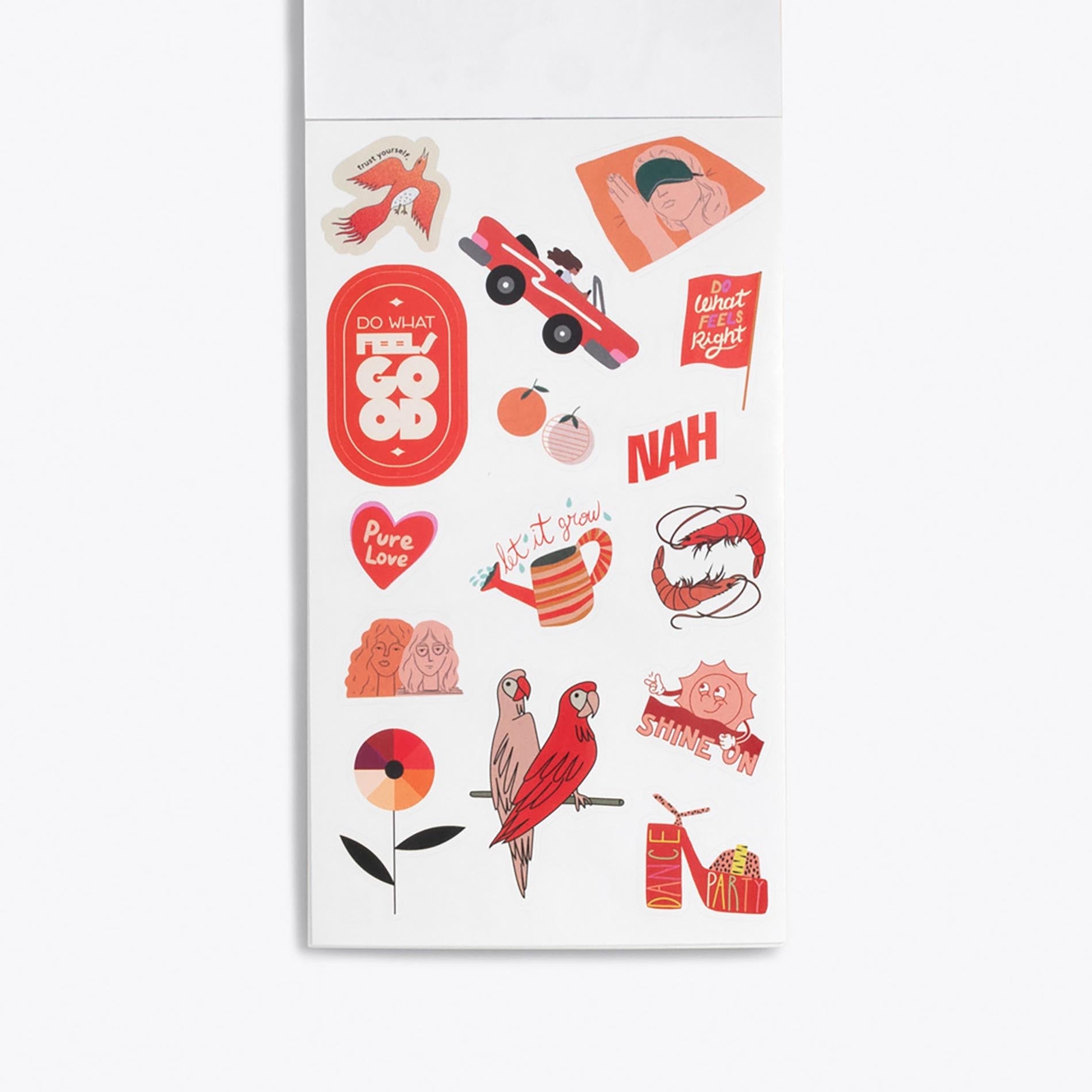 Sheet of colorful stickers with various designs on a white background