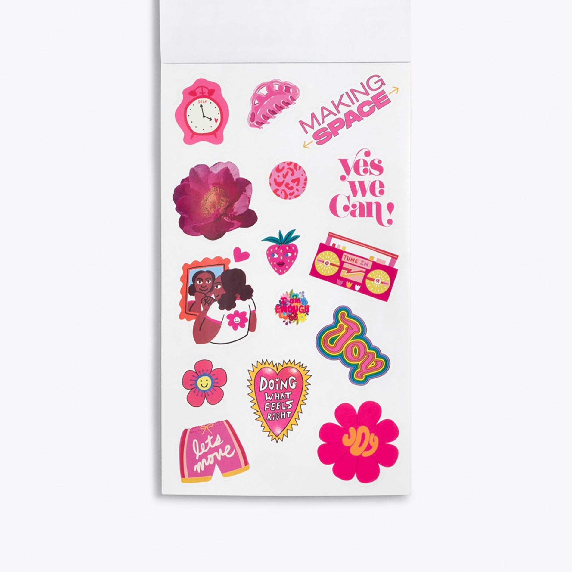 Sheet of colorful stickers with various designs on a white background