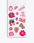 Sheet of colorful stickers with various designs on a white background