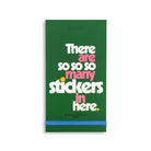Green sticker book with colorful text on a white background