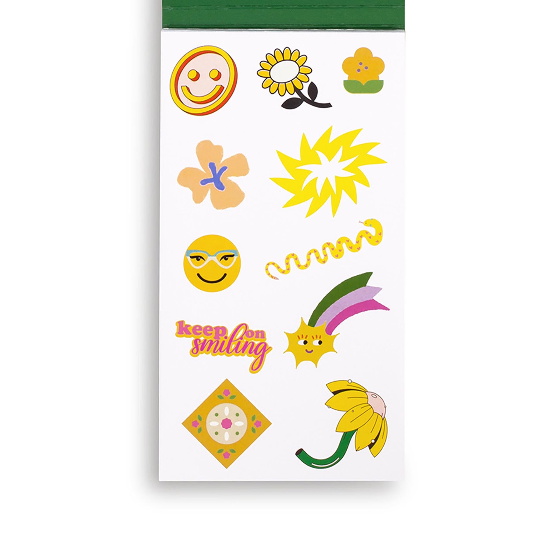 Sheet of colorful stickers with various designs on a white background.