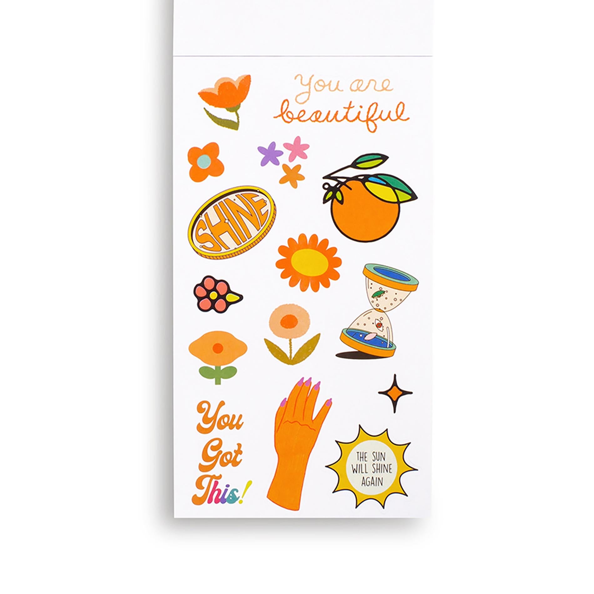 Sheet of colorful stickers with various designs on a white background.