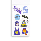 Sheet of colorful stickers with various designs on a white background.