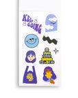 Sheet of colorful stickers with various designs on a white background.