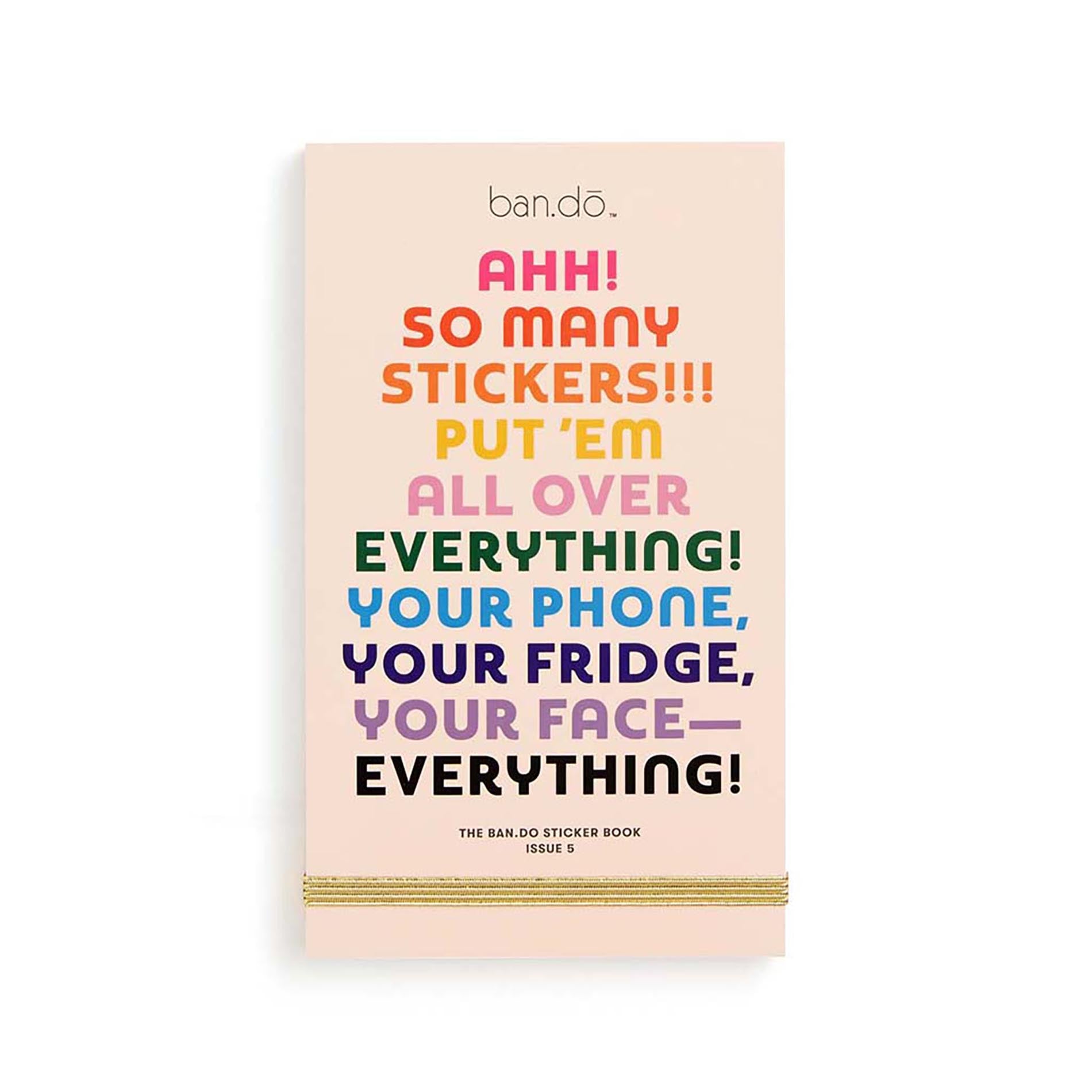 Sticker book with colorful text on a white background