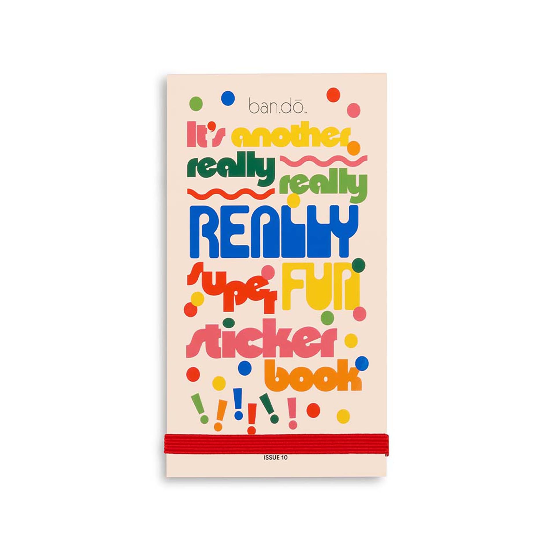 Sticker book with colorful text and ban.do branding on a beige background