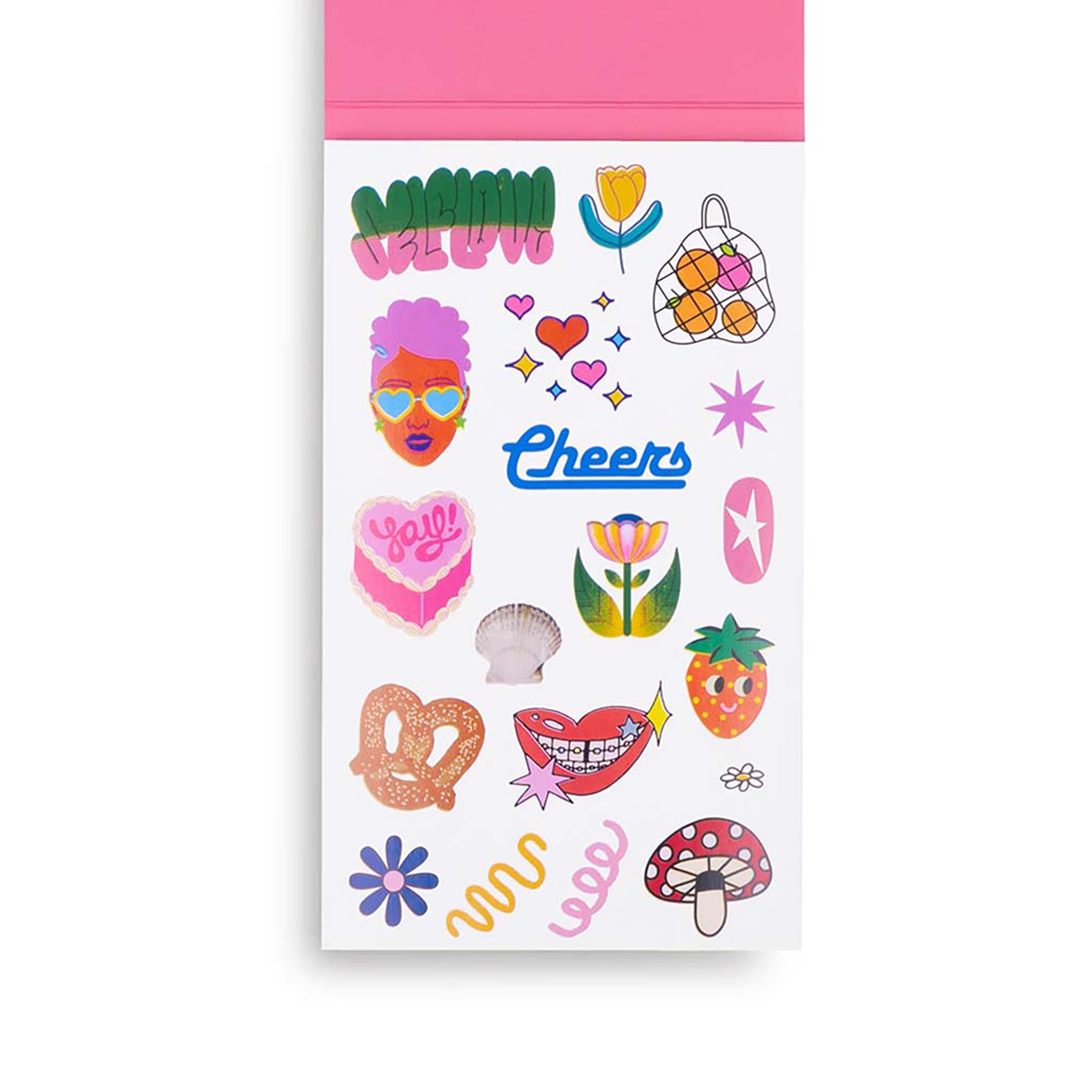 Sheet of colorful stickers with various designs on a white background