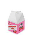 Pink and white strawberry milk carton-shaped vase on a white background