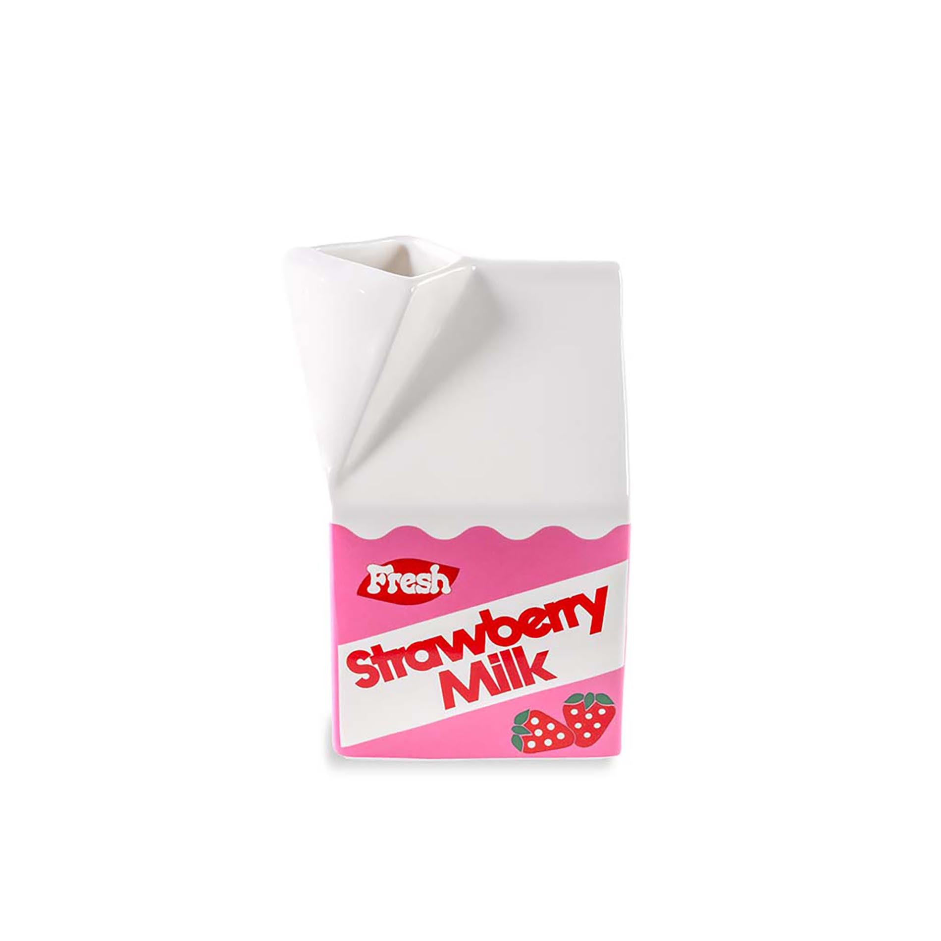 Carton of strawberry milk vase with a white background