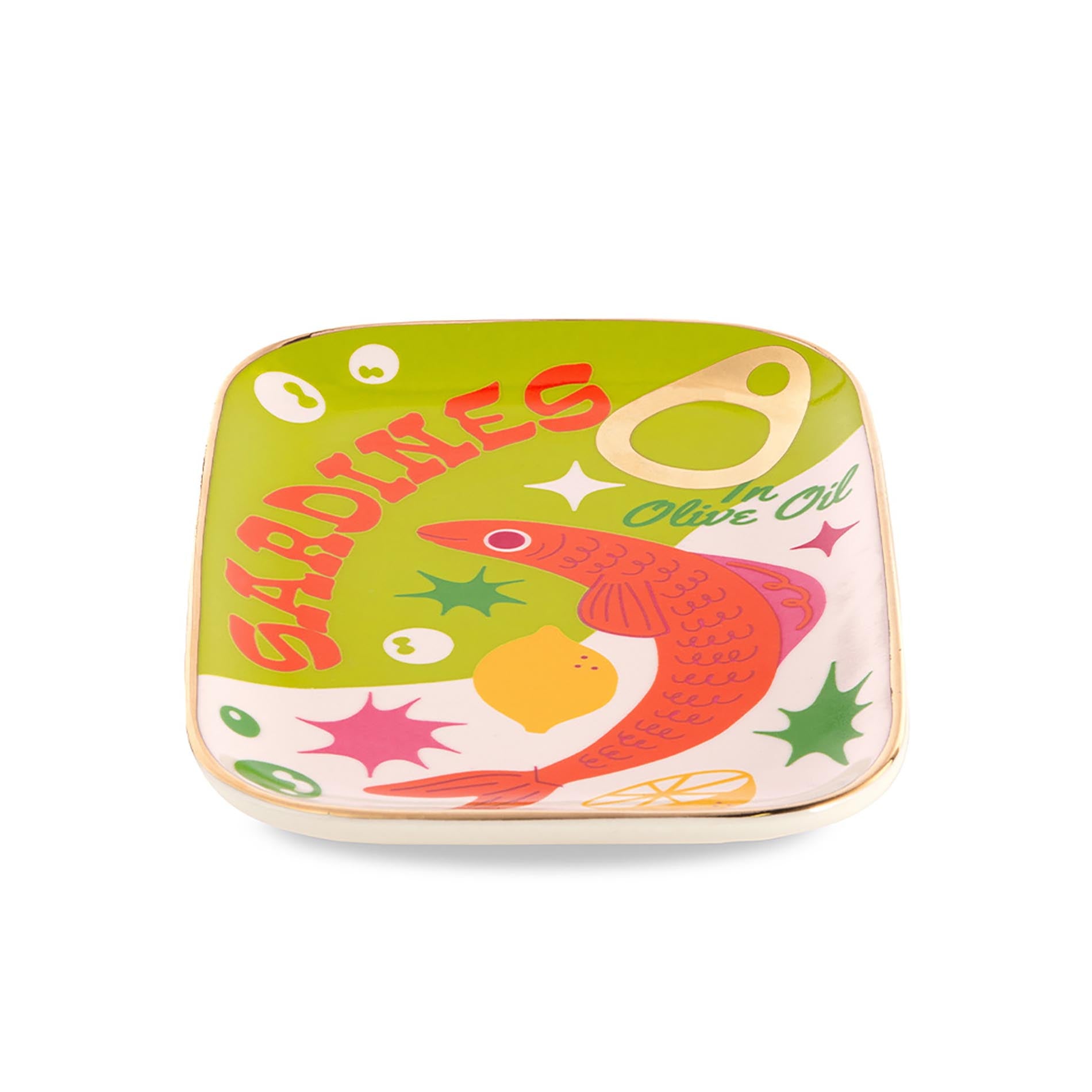 Top view of Colorful sardine ceramic tray on a white background