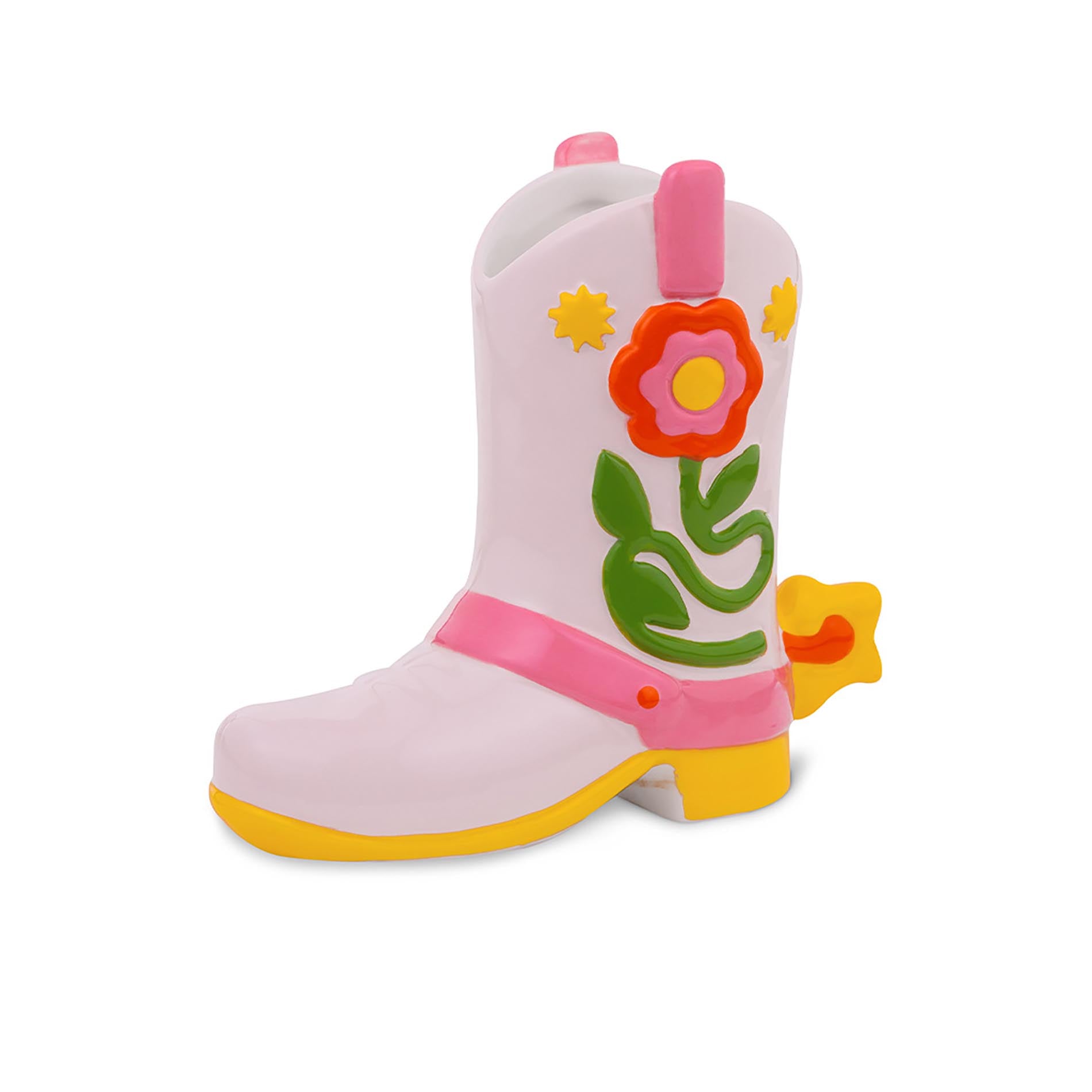 Pink cowboy boot vase with floral design on a white background