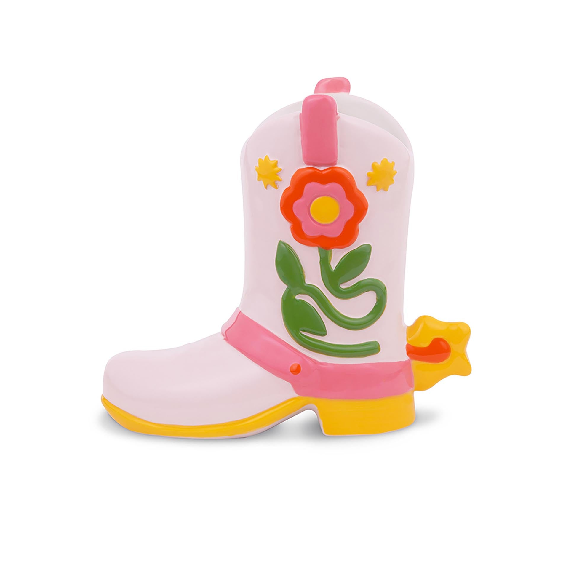 Pink cowboy boot vase with floral design on a white background