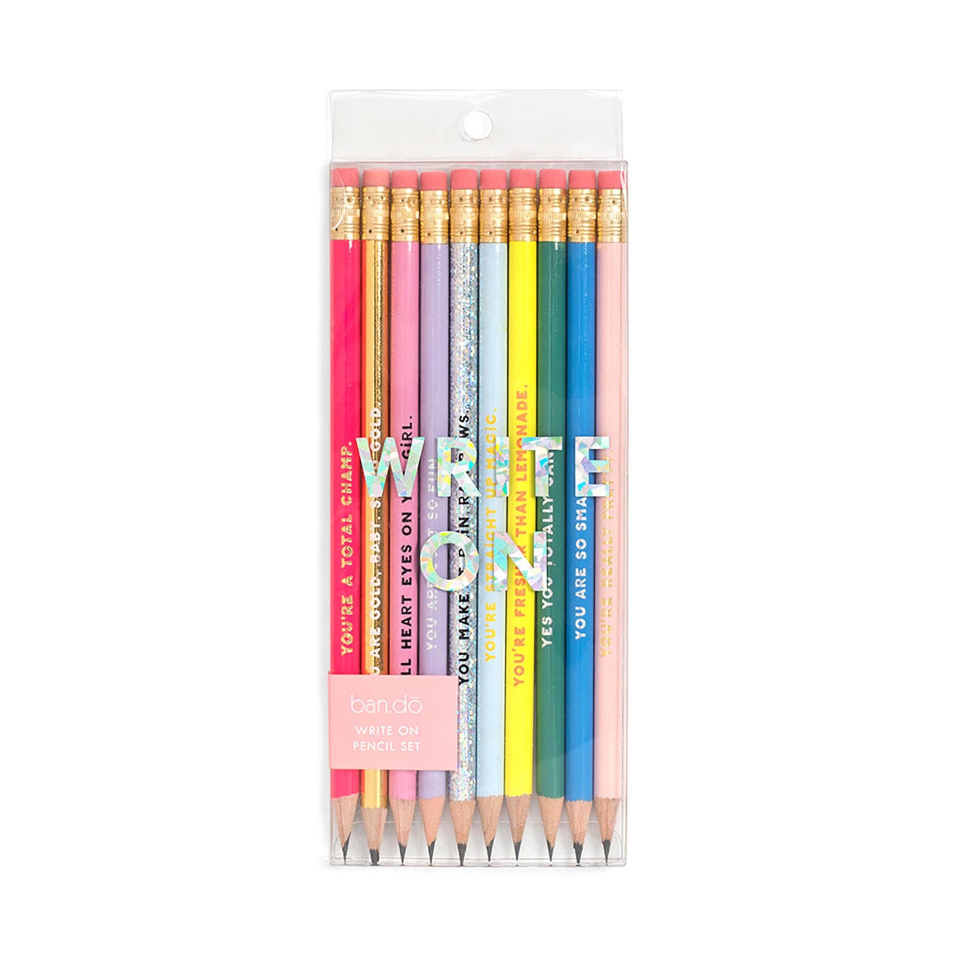 Set of colorful pencils with motivational text in a clear package on a white background