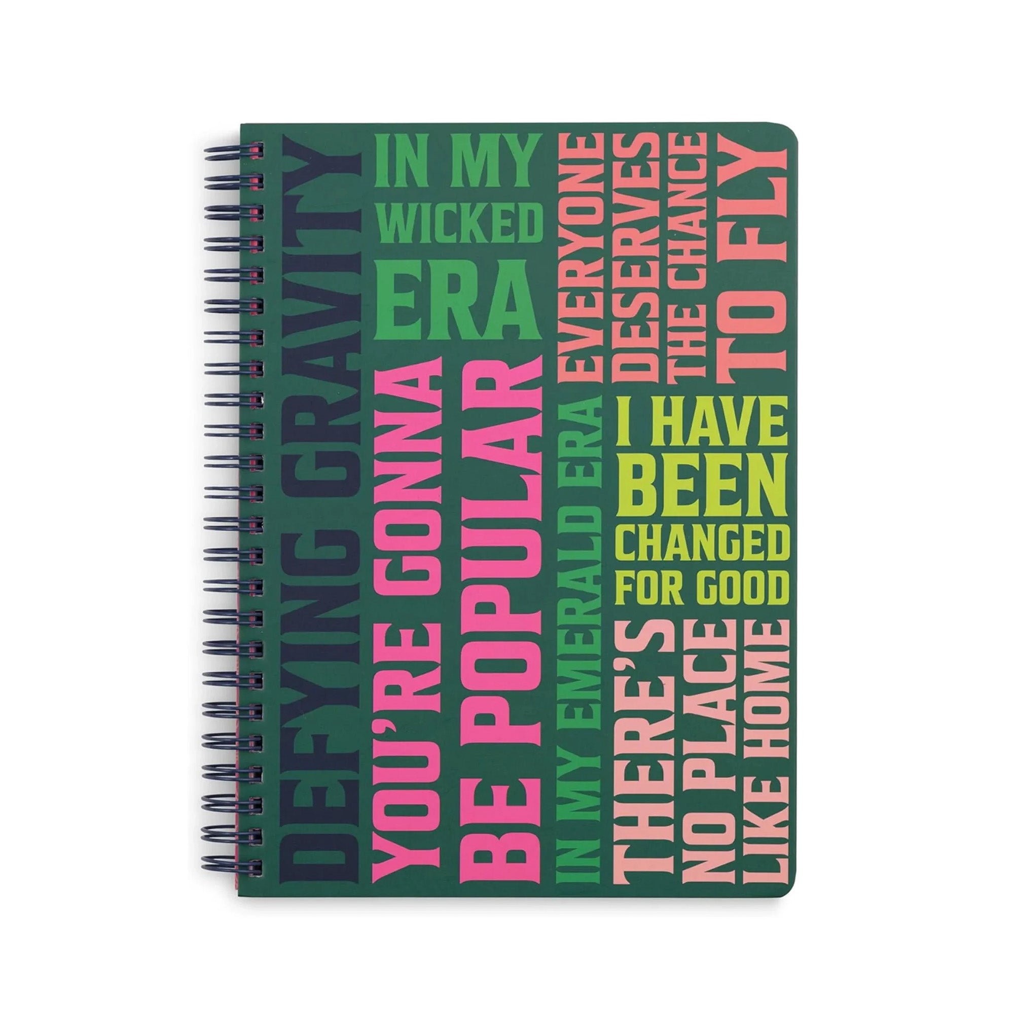 green mini notebook with colorful wicked text