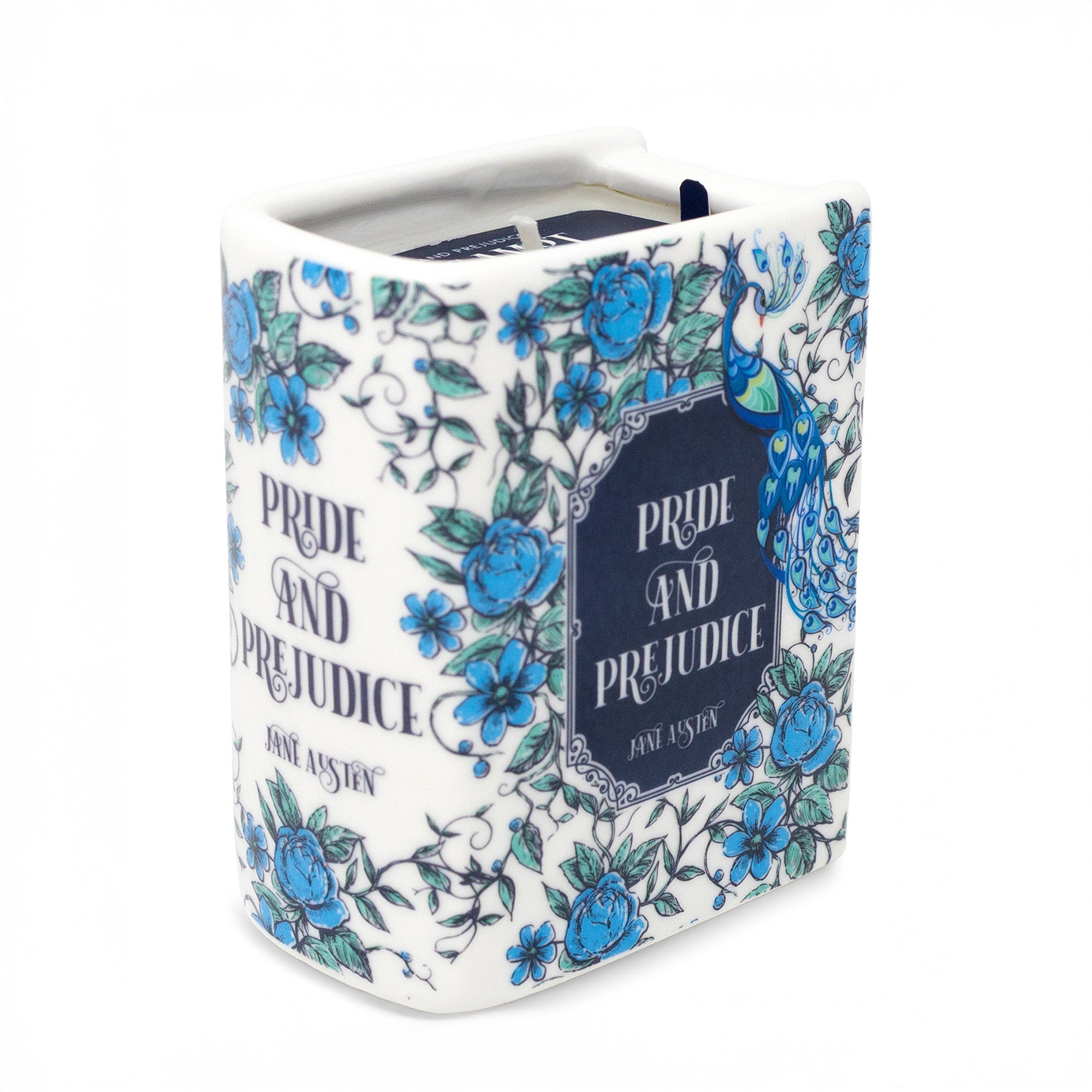 Book-shaped candle with 'Pride and Prejudice' design on a white background