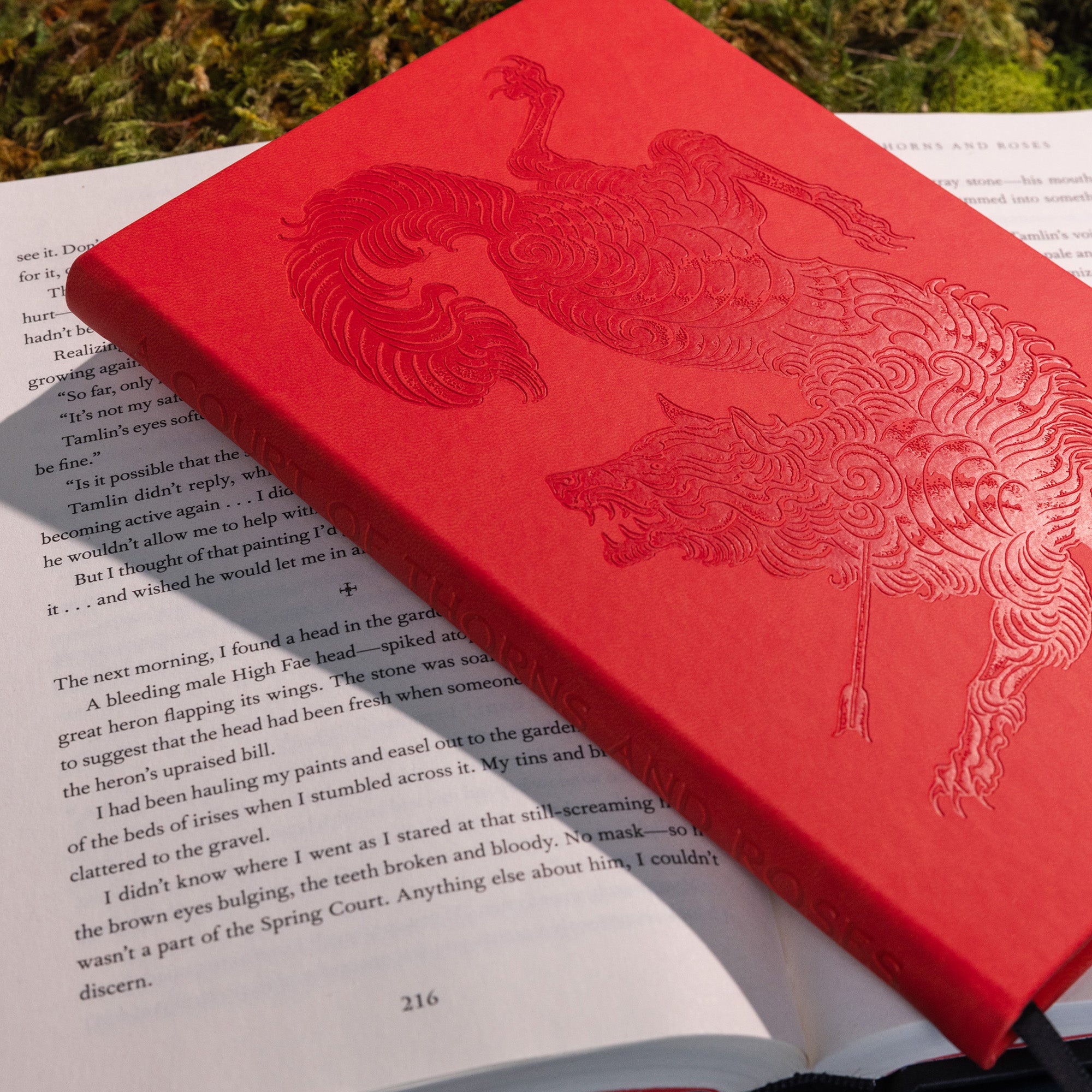 Red notebook with embossed design on a book