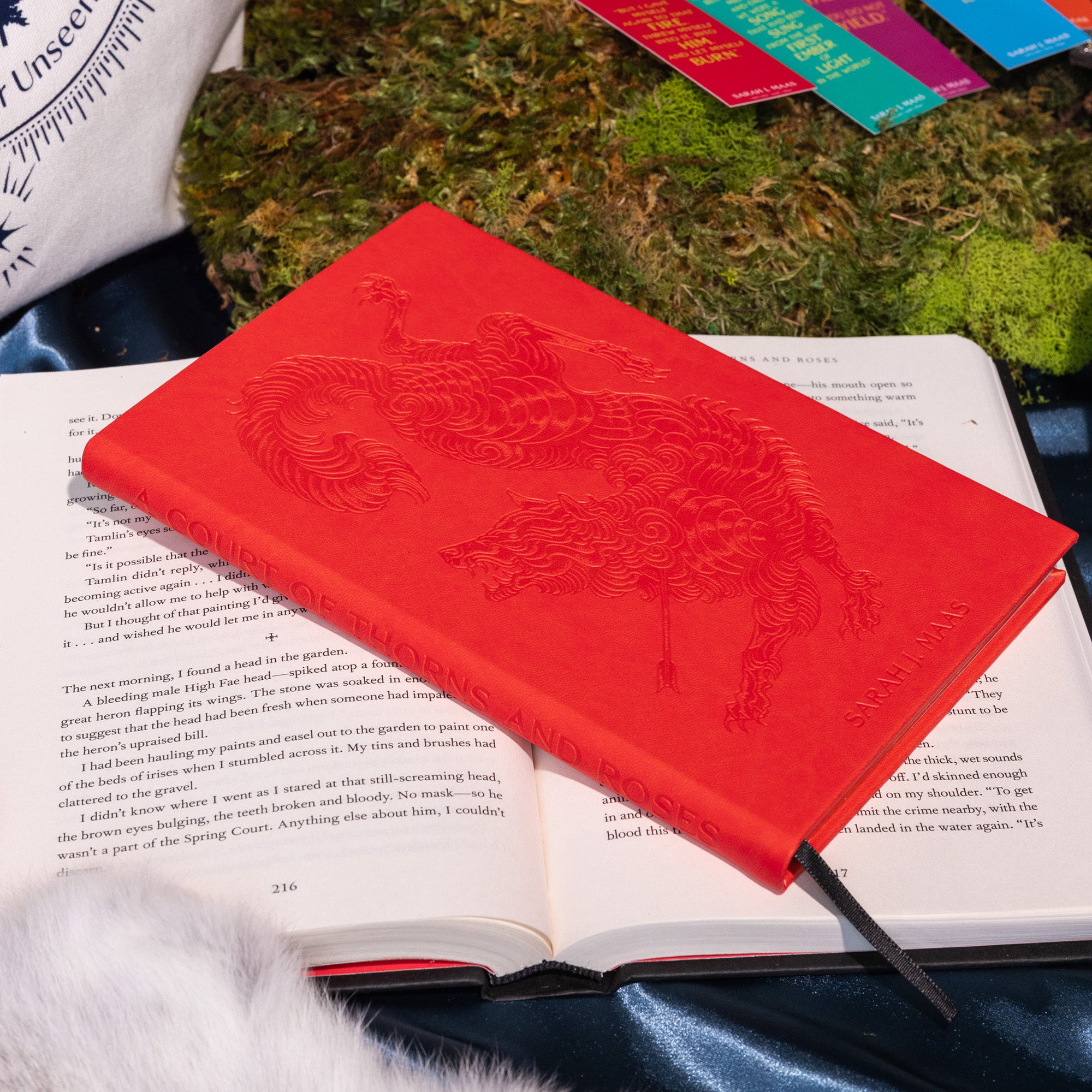 Red notebook with embossed design on an open book, surrounded by books with colorful spines.