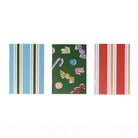 set of three mini notebooks: blue and green stripe, green with colorful candy, and red and pink stripe