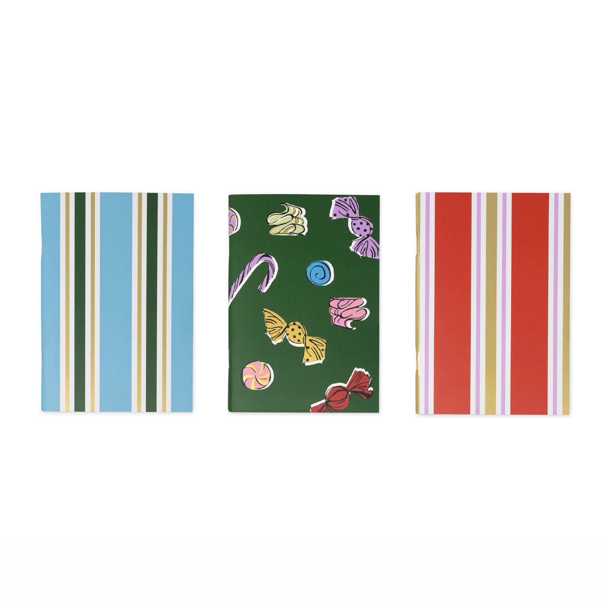set of three mini notebooks: blue and green stripe, green with colorful candy, and red and pink stripe