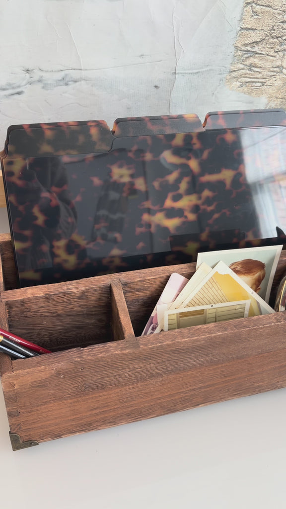 model using a label maker for tortoise shell file folders