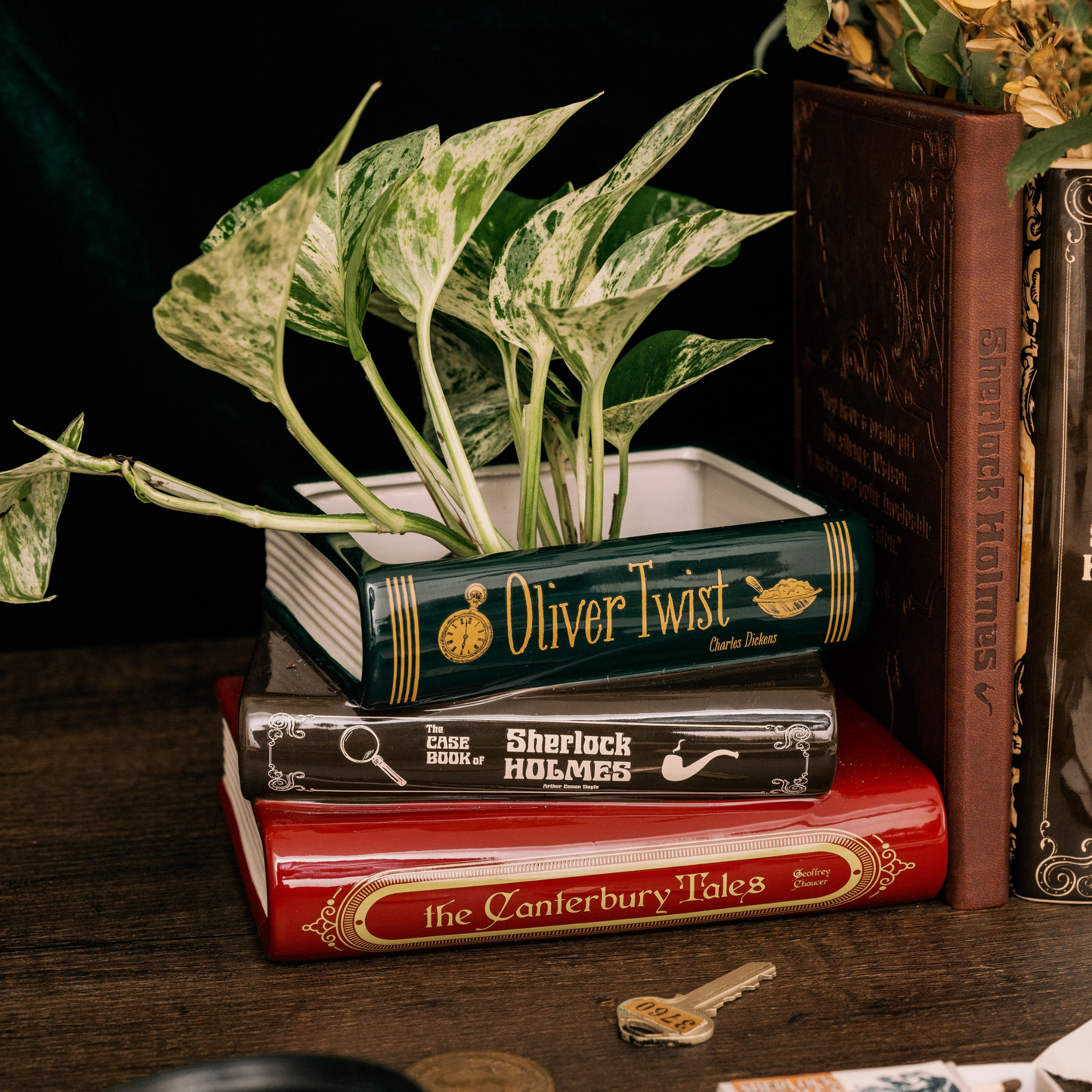 book plant pot Sherlock Stacked Book Planter