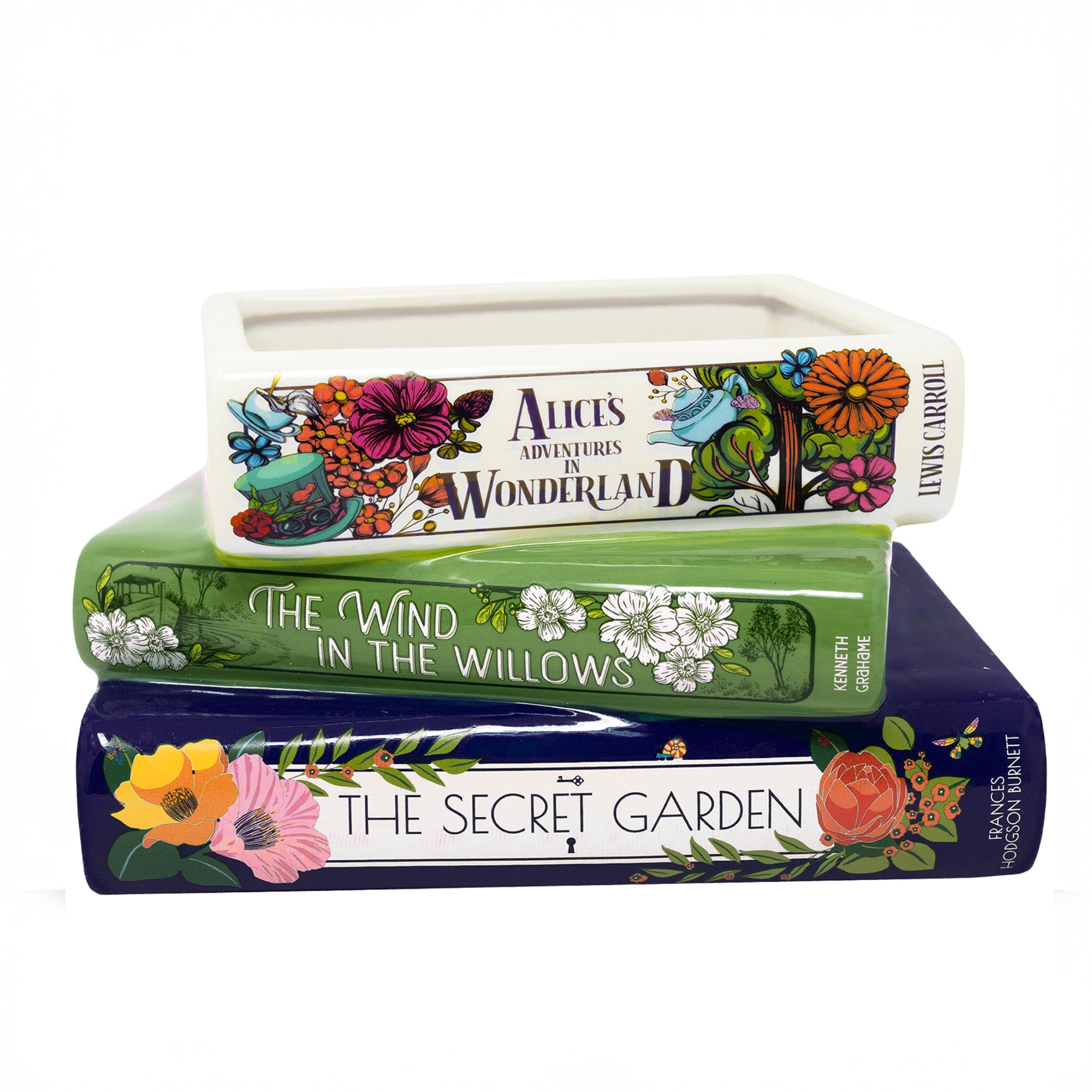 Stack of books with decorative covers on a white background